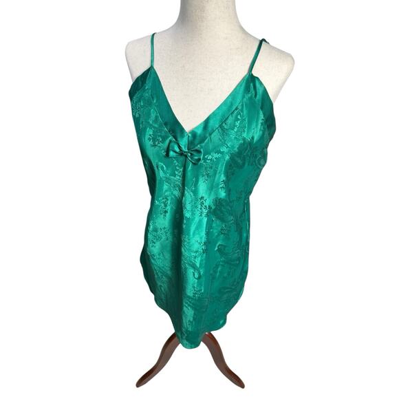 Vintage‎ Y2K Emerald Green Satin Slip Mini Dress Bow Detail Lingerie Coquette - Picture 3 of 5